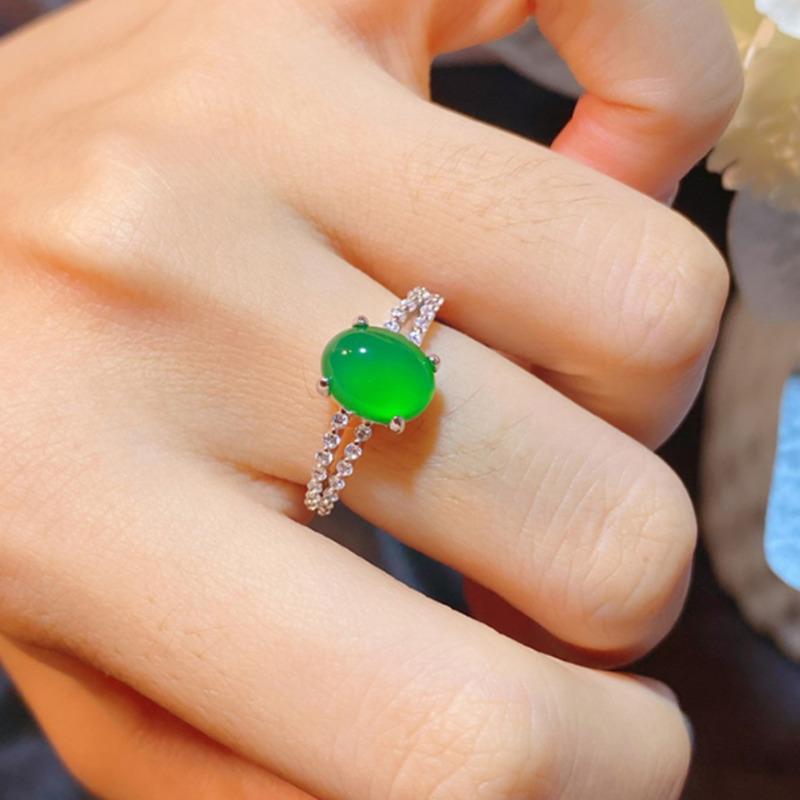 BELLA BOX Natural Ice Transparent Green Chalcedonic Agate Simple Retro Temperament Open Ring Female Oval Egg Face Ring Bracelet Jewelry
