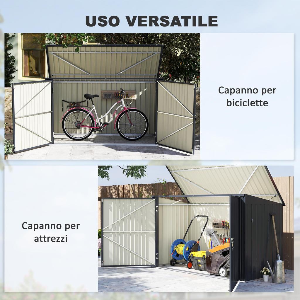 Steel Bin Shed for 3 Bins of 240L with 2 Doors and Lid, 233x105x118.5/133 Cm, Dark Grey