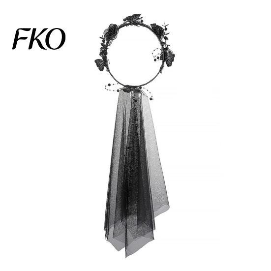 Halloween Headpiece Dark Rose Black Butterfly Veil Headband, Hair Hoop with Beaded Mesh Long Gothic Bridal Headband Tulle for Ghost Bride Cosplay One Size 1pc