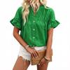 1116 European and American women's clothing casual short-sleeved pleated shirt button solid color cotton and linen stand-up collar shirt women