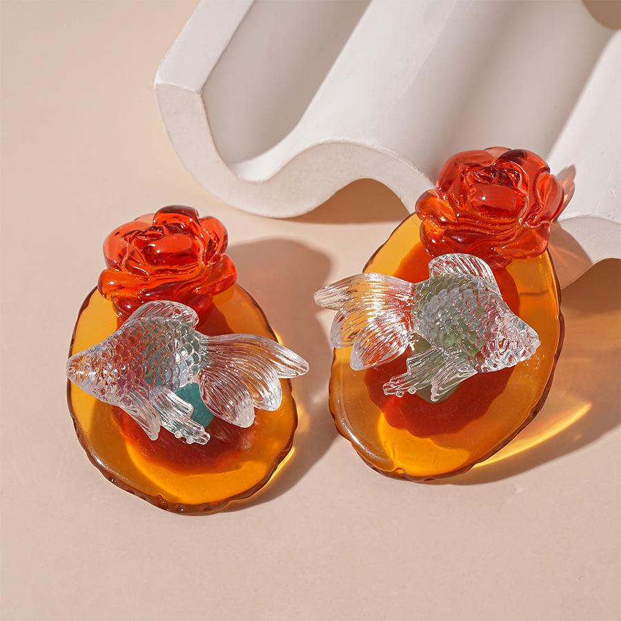 Vintage transparent resin flower goldfish geometric silver needle stud earrings Chinese style earrings