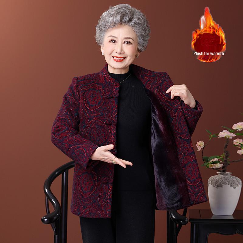Elderly Women's Velvet Wool Coat: Thickened Winter Tang Suit