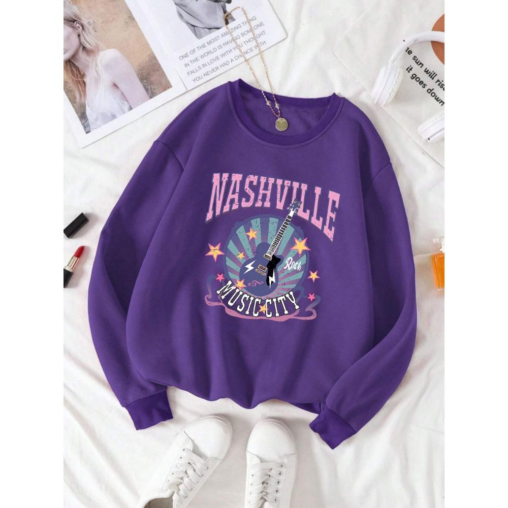 Street Damen Pullover Nashville Music Cith Poster Druck Hoodie Rundhals Locker Weiches Sweatshirt Herbst Damenkleidung