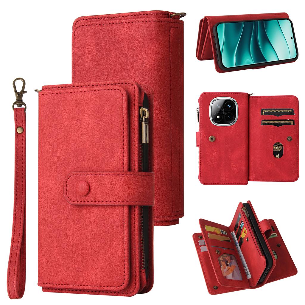 For Xiaomi Redmi Note 14 Pro+ 5G/Xiaomi Poco X7 5G/Xiaomi Redmi Note 14 Pro 5G Zipper Wallet Case with 15 Card Slots and Strap Leather Phone Cover