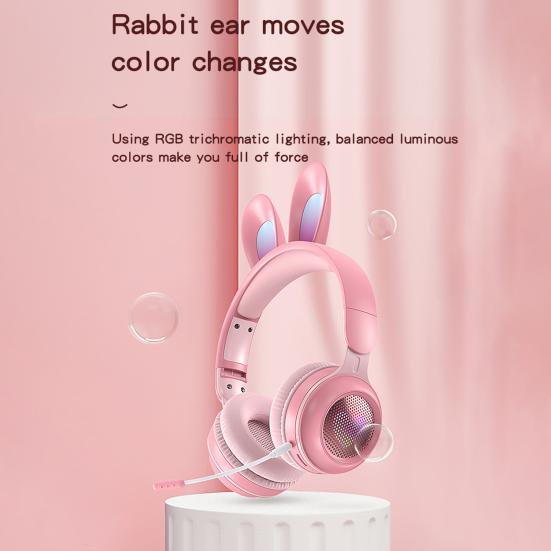 KE-01 Wireless Earbud Bluetooth-compatible 5.0 Support SD-Card RGB Light Lovely Rabbit Ear Foldable Headset for Gift