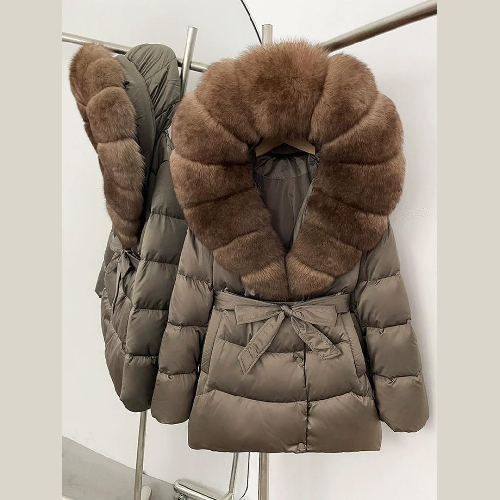 Winter Fox Big Fur Collar High-end Thickened Down Jacket Women's Mid-length Waist Imitation Leather Jacket
