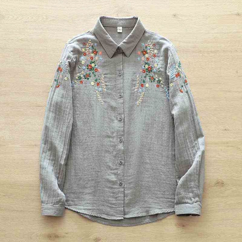

Sweet Floral Embroidery Long Sleeve Shirt Peter Pan Collar Soft Double Layers Cotton Yarn Blouse One Size сірий