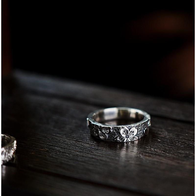 Handcrafted Cherry Blossom Engraved Adjustable Ring Women Men Vintage Boho Floral Open Band Sterling