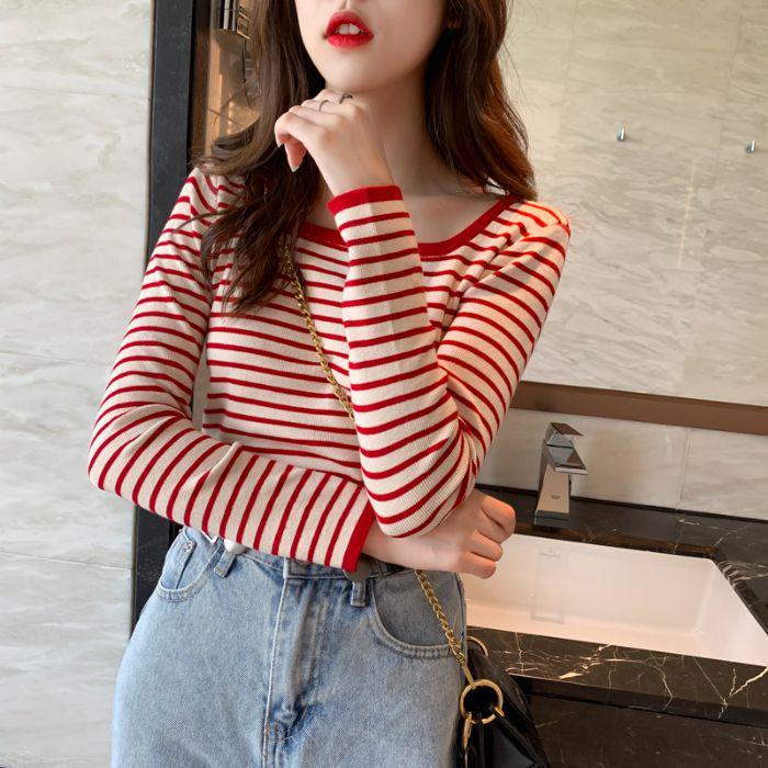 

Женский полосатый вязаный свитер: Стильный квадратный вырез, приталенный силуэт, универсальный для осени/зимы One Size красный