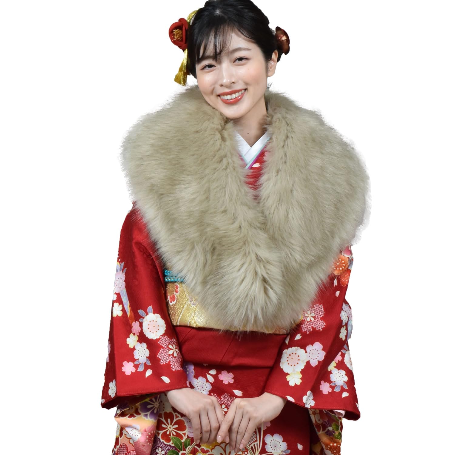 

Церемониальная премиальная меховая накидка для и свадебных фотосессий [HHayashiguchi] Шаль для совершеннолетия, Эко-меховая накидка под лису, Женское кимоно, С длинными рукавами