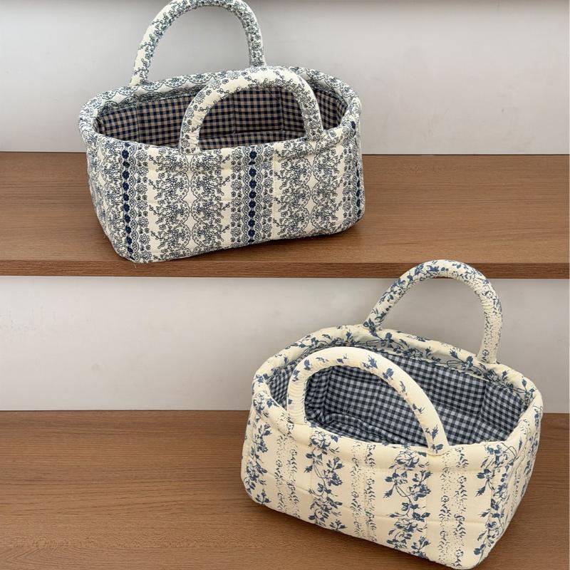 Floral Vintage Organizer Basket With Handle Portable Home Storage Basket For Living Room Kitchen Countertop