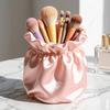Pen Holder Large Capacity Makeup Brush Storage Holder with Soft Pink Satin Texture Design Stable Base Organizer for Home Dormitory