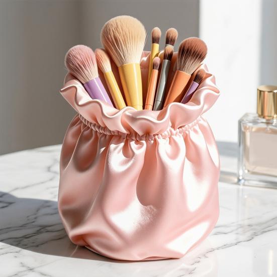 Pen Holder Large Capacity Makeup Brush Storage Holder with Soft Pink Satin Texture Design Stable Base Organizer for Home Dormitory