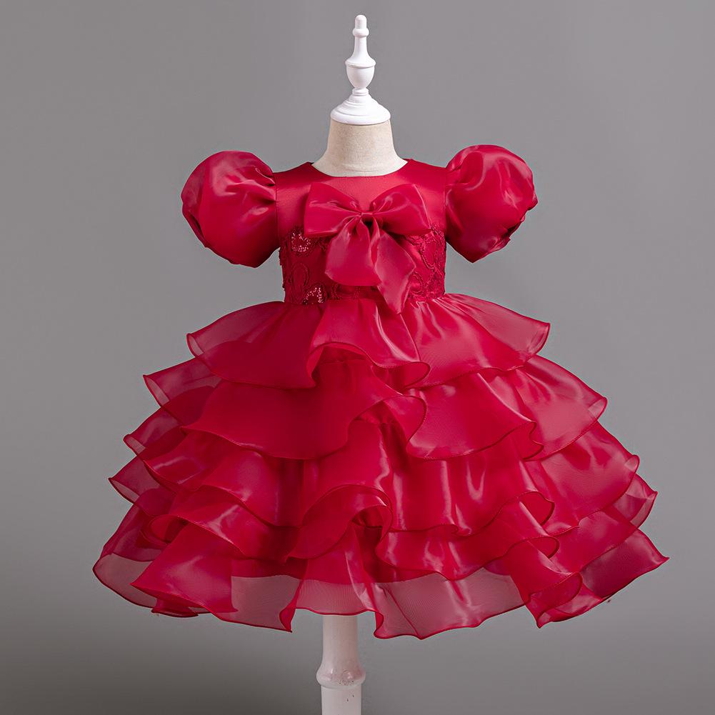 Girls Cake Dresses Bow Bubble Sleeve Princess Dress Walking Performance Halloween Flower Girl Party Dresses Dresses 8622  Girl's Favourite Dress