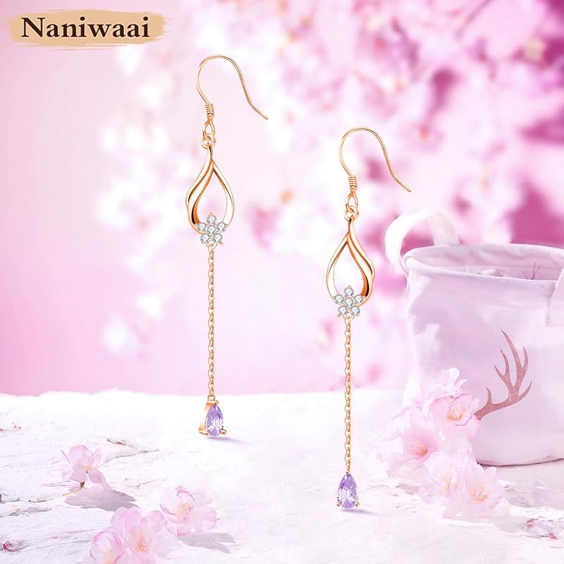 Naniwaai Earrings Ladies Popularity June Birthstone Hook Sway Cherry Blossoms Silver Compatible with Metal Allergies Cute Long Woman Flower Present