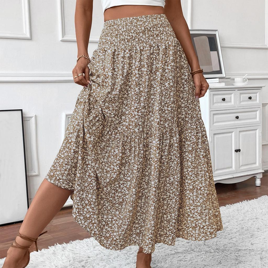 Women's Fashion Pleated Floral Print Elastic Waist Loose Splicing A Line Skirt