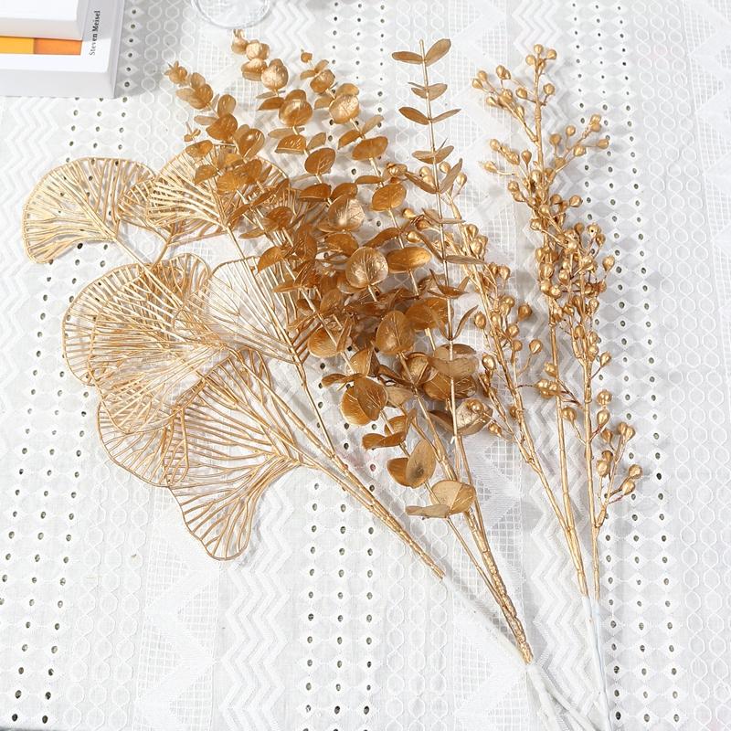 Three-pronged Fan Leaf Netting Artificial Gold Ginkgo Eucalyptus Holly for Wedding Arch Flower Arrangement Home Decor Crafts