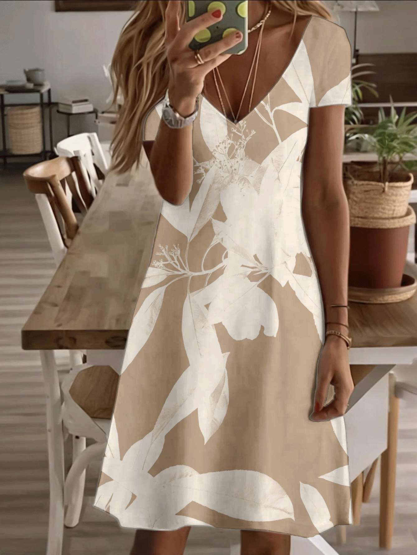 

Vneck shortsleeve midi dress tropical leaf print pattern 3D premium printing durable and comfortable casual fashion summer beach outfit elegant botani 8XL дубильна кора