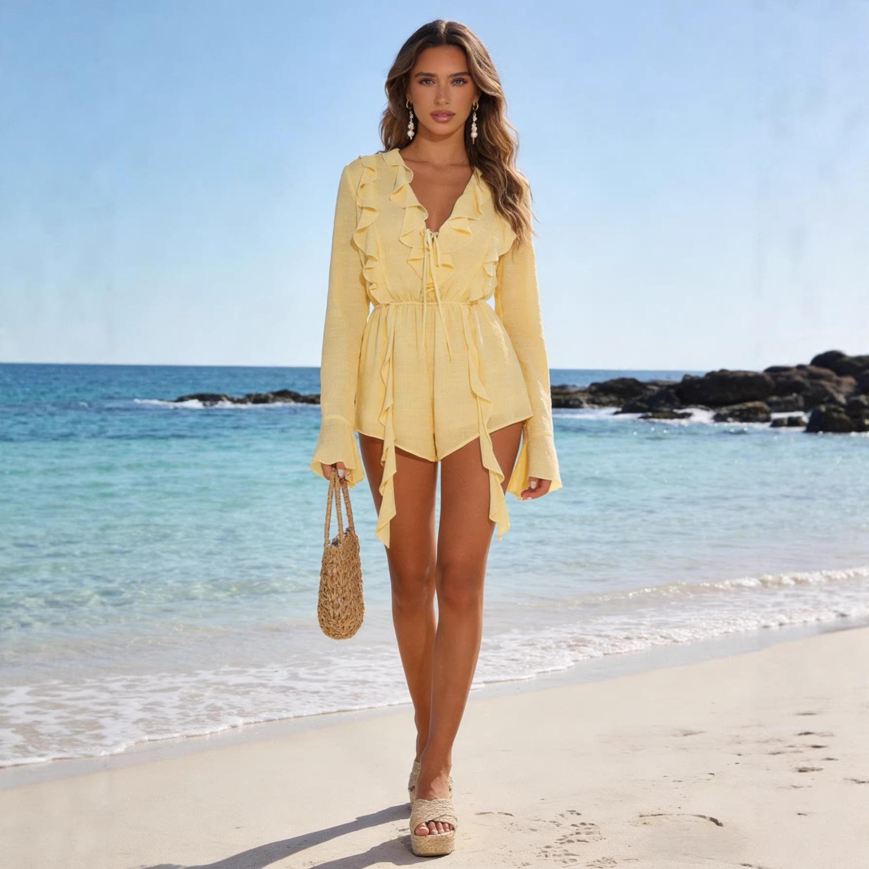 

Popular, Bohemian onesie shorts, yellow V-neck lace-up waist vacation onesie XS лимонно-желтый