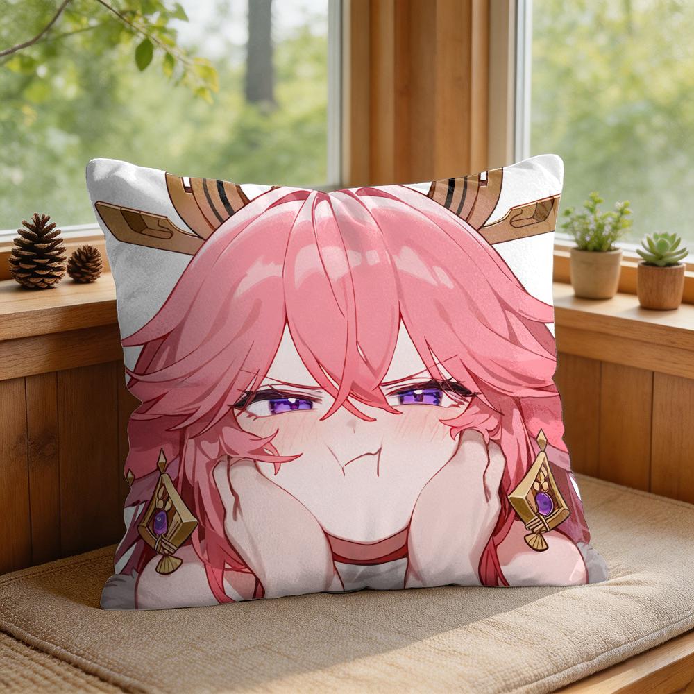 Yae Miko Genshin Impact Cushion Cover Square Short Plush Pillow Case Living Room Sofa Home Decor Funda X