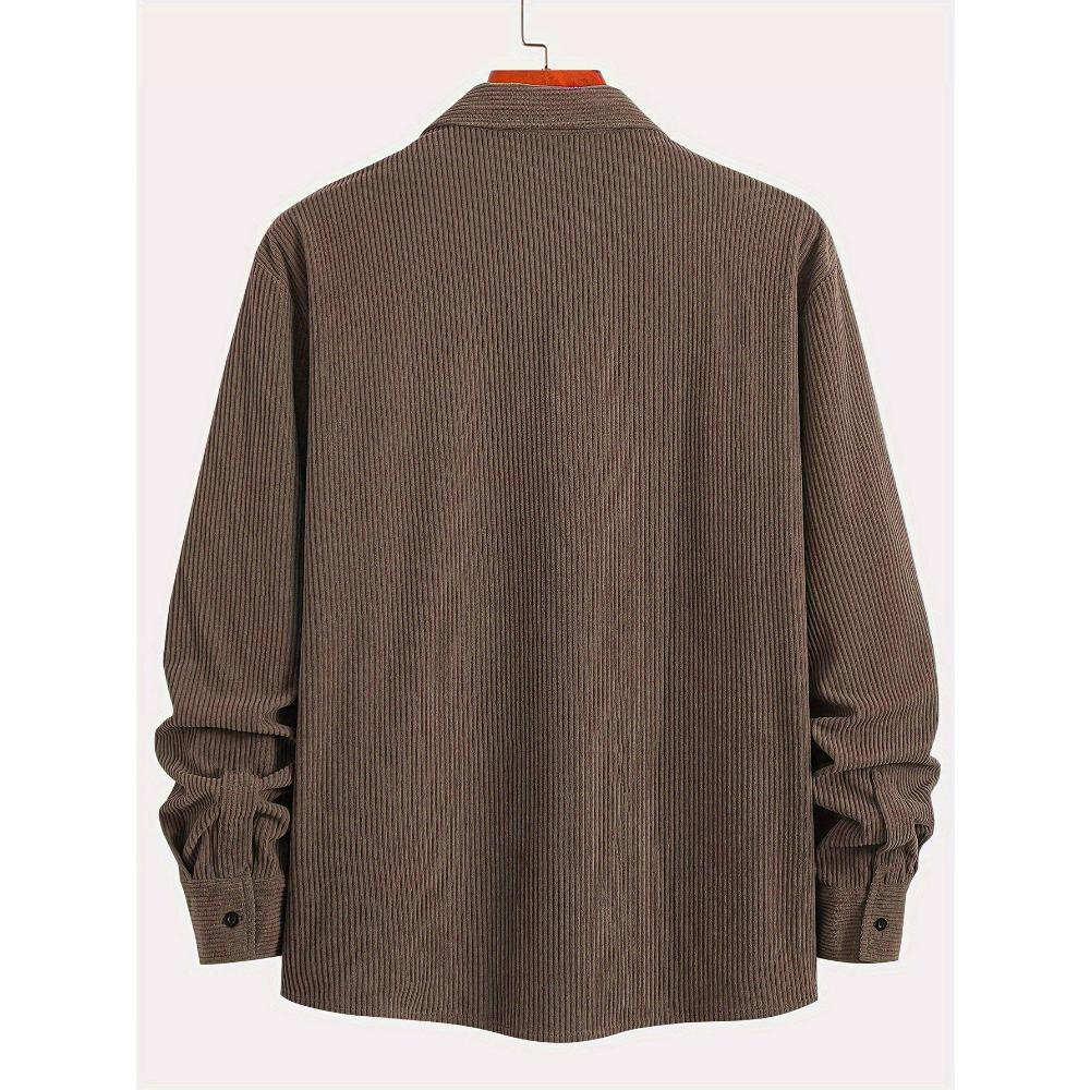 Men Corduroy Shirt Long Sleeve Plaid Solid Color Wrinkle Free Business Casual Slim Fit Top