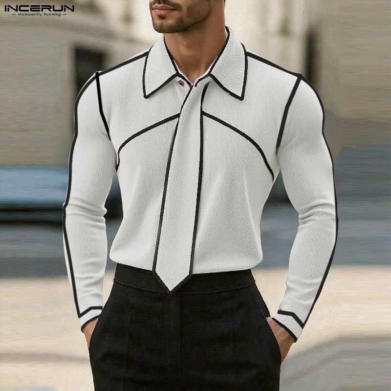 INCERUN Autumn Men's Lapel Neck Long Sleeve Stitching Rib Casual T-shirts Undershirts