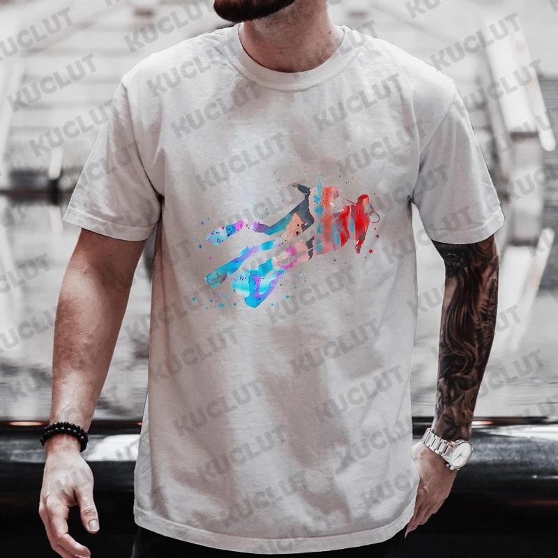 Summer Streetwear Scuba Diver Watercolor Diving Print Men's Brand T-shirts Scuba Diver Design Tops Breathable Men Women Tshirts