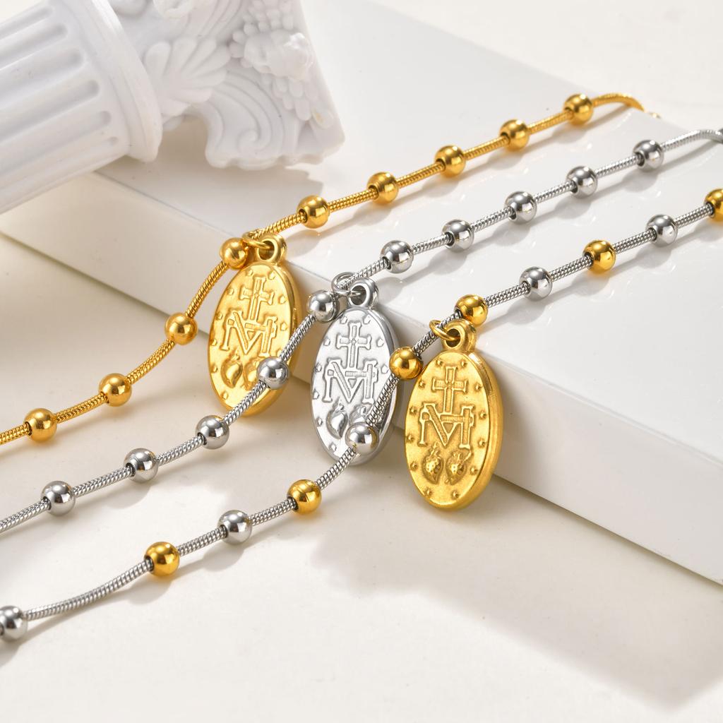 Two Tone Stainless Steel Virgin Mary Bracelet for Women, Rosary Beaded Cross Bracelets, Non Tarnish Religious Jewelry