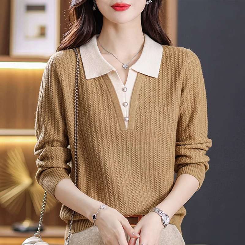 

2 в 1 трикотажный свитер с цветным воротником, повседневный топ с длинными рукавами и пуговицами спереди для весны и осени, женская одежда 2XL