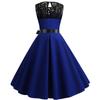 Women's Sleeveless Lace Neck Midi A-line Dress With Satin Waist Bow Belt Vintage Formal Party Swing Dress S-XXL