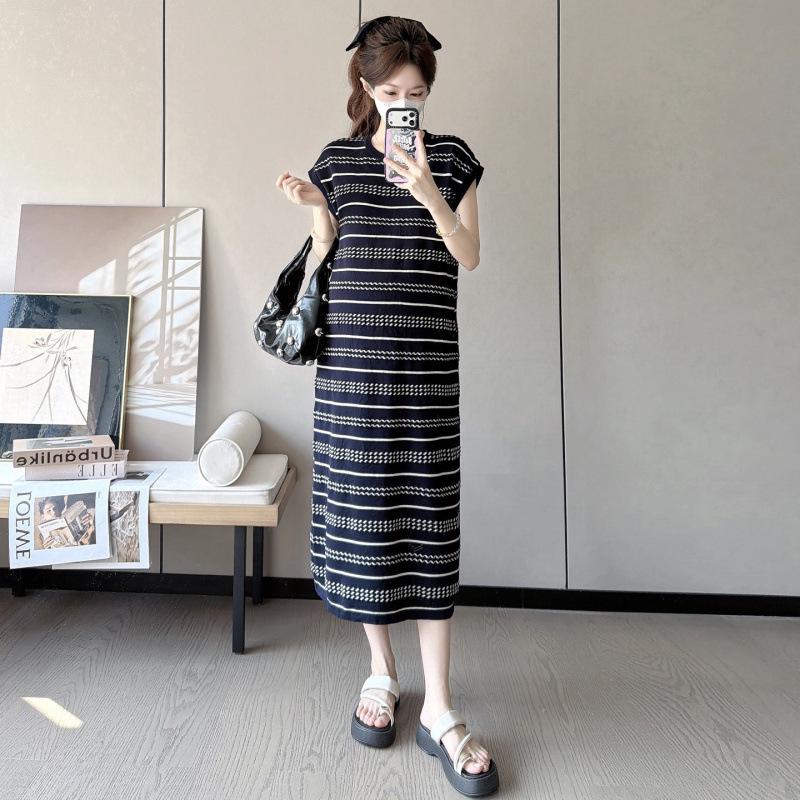 New Summer Maternity Ice Silk Polo Dress: Short Sleeve, Contrasting Stripes, Slimming Fit. M