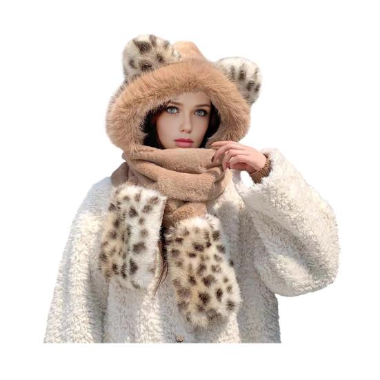3 in 1 Winter Scarf Hat Knitted Windproof Warm Elastic Tiger Pattern Thermal Hat