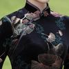 Sleeve Cheongsam Dress with Ginkgo Leaf Chinese Party Formal and Long, 3/4 Design, Velvet, Clothing, Slit, Dress, (Black Gold, L)