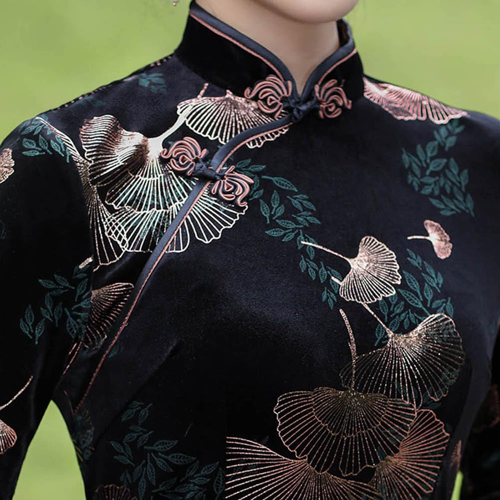 Sleeve Cheongsam Dress with Ginkgo Leaf Chinese Party Formal and Long, 3/4 Design, Velvet, Clothing, Slit, Dress, (Black Gold, L)