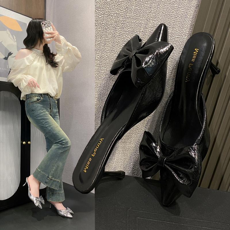 Bow Silver Autumn New Water Diamond Pointed Toe Bridal Style High Heels Women's Thin Heels Party Shoes