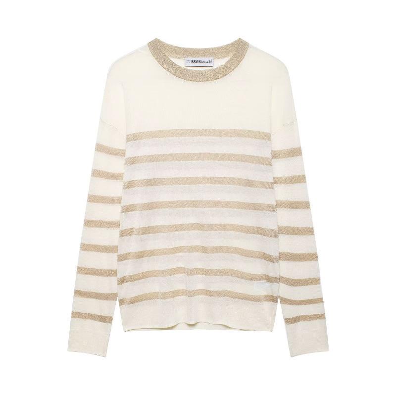 European and American style, new women's clothing, fashionable, versatile, casual metal-colored thread-woven striped knitted sweater