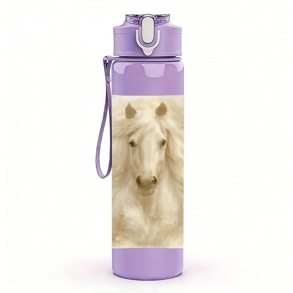 1PC White Horse Soft Portrait Art 750ml Color Plastic Sports Water Bottle Leakproof Flip Straw Lid Suitable for Sports Office Home Use
