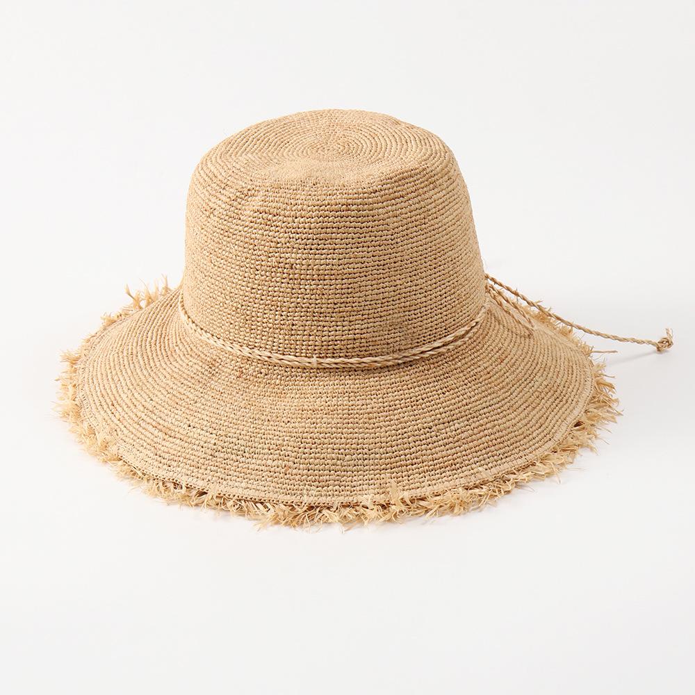 Raffia Bucket Hand-Hooked Raffia Straw Bucket Hat for Women, Wide-brim Foldable Straw Hat, Rounded Vacation Sun Hat