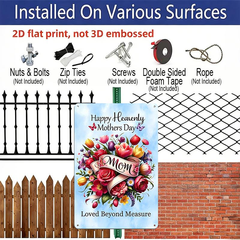2D Flat, 1pc Memorial Floral Metal Wall Art Sign "Happy Heavenly Mothers Day" - 8*12 Inch Aluminium Rustic Home Decor, Sympathy Wall Art, Loving