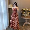 Women's Elegant French Floral Pleated Strappy Dress - Summer High Waist A-line Long Skirt