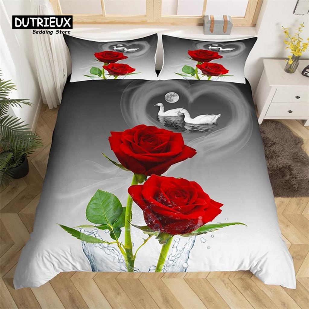 Red Rose Duvet Cover Twin King Romantic Theme Floral Bedding Set Microfiber Love Heart Flowers Quilt Cover For Girl Teen Wedding