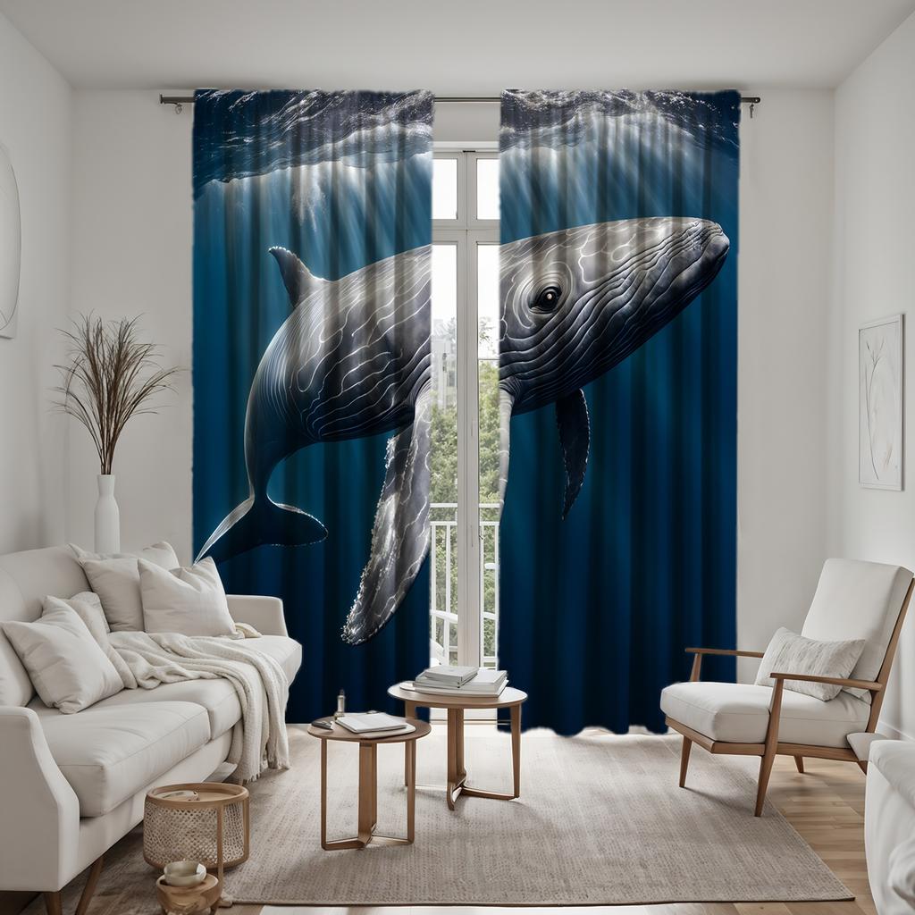 2pcs HD Deep Sea Whale Decorative Curtain Blue Tie Digital Printed Curtain Home Decoration Style Decoration Living Room Bedro