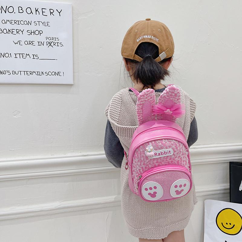 Adorable Bunny Ear Cartoon Kids Backpack Stylish Korean Design Sequin Pu Material