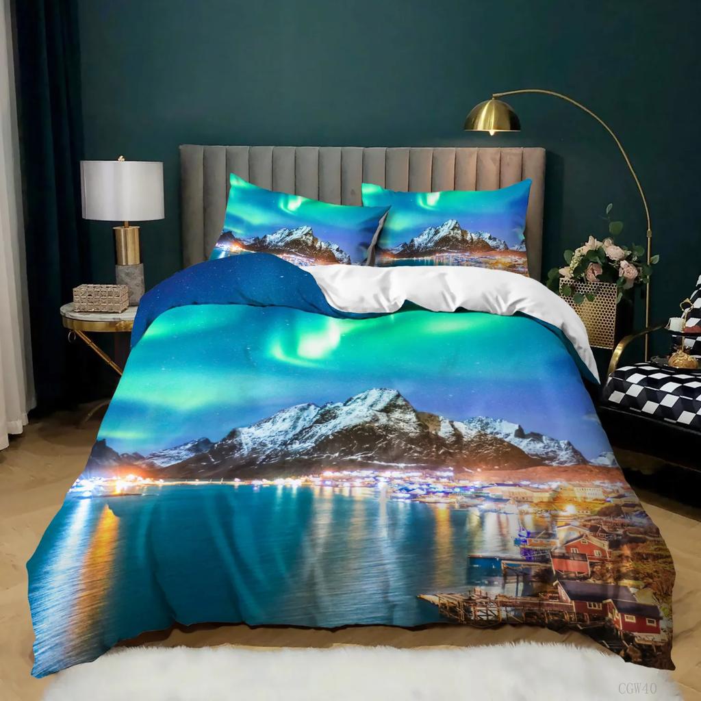 Aurora Borealis Duvet Cover King Queen Pale Weather Over The Hills with Waterfall Creek Nature Landscape Polyester Bedding Set