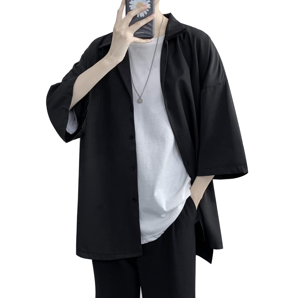 

Shirts for Sweat Quick Comfortable and Oversized Dress Korean Polo Large Street Drop Short Dress [foxseon] Men, 5/8 Sleeves, Absorbent, Drying, чёрный