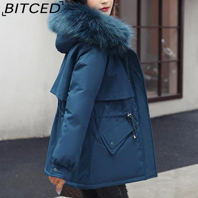 BITCED Women's Mid-Length Drawstring Cotton Coat with Fleece Lining Loose-Fit Puffer Jacket with Down-Fill Cotton Padding Winter Outerwear