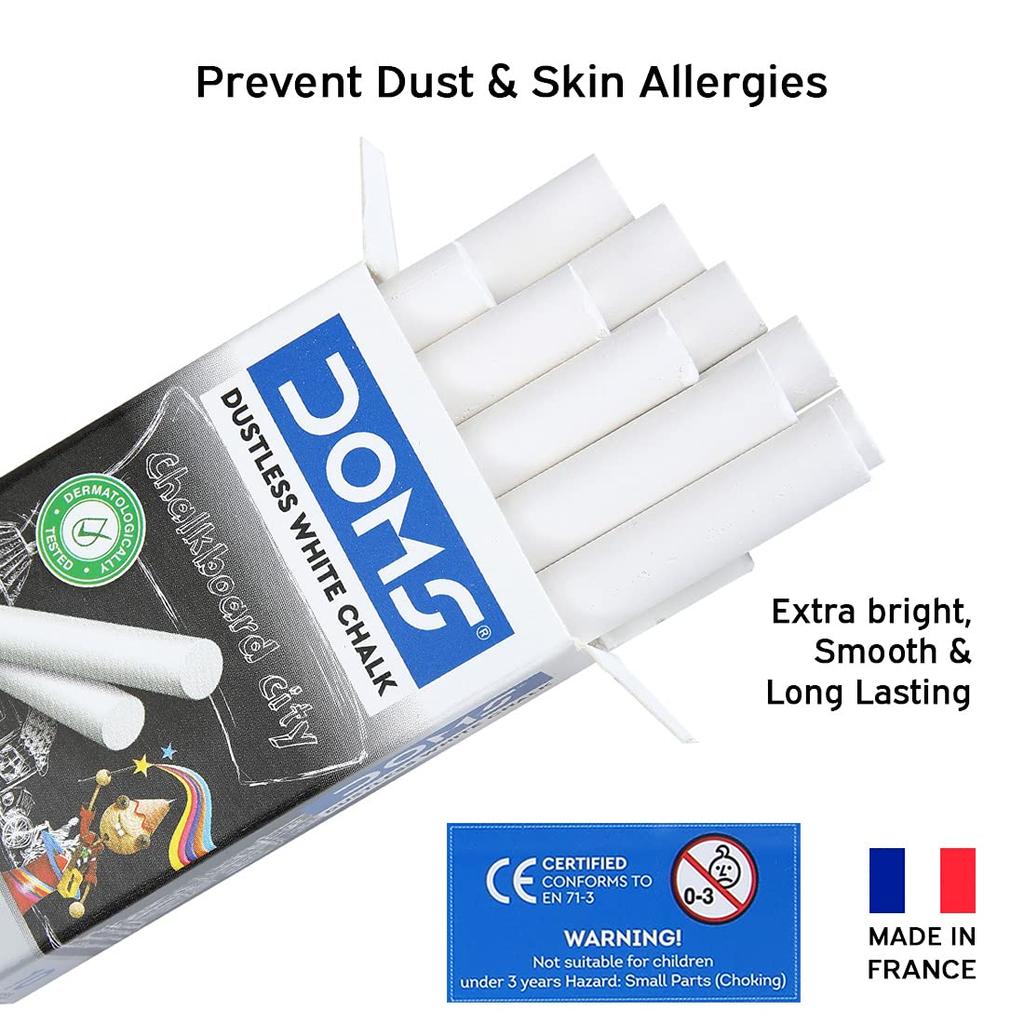 DOMS Non Toxic Dustless White Chalk Pack of 100 Soft Writing Classroom Board Chalk for School Office Teaching Use