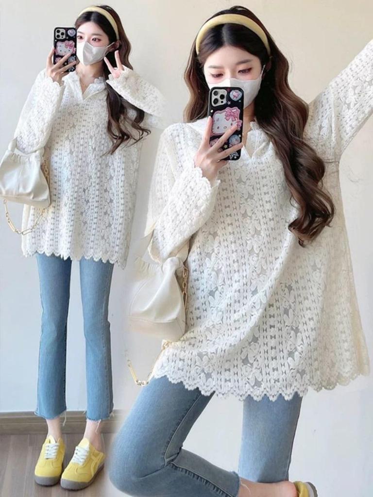 Elegant Plus Size Lace Patchwork Hooded Shirt - Slimming Long Sleeve Base Layer