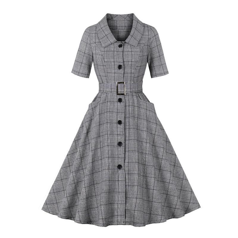

Vintage Women s Collared Mid-Sleeve Single-Breasted Belted Pocket Plaid Dress XL