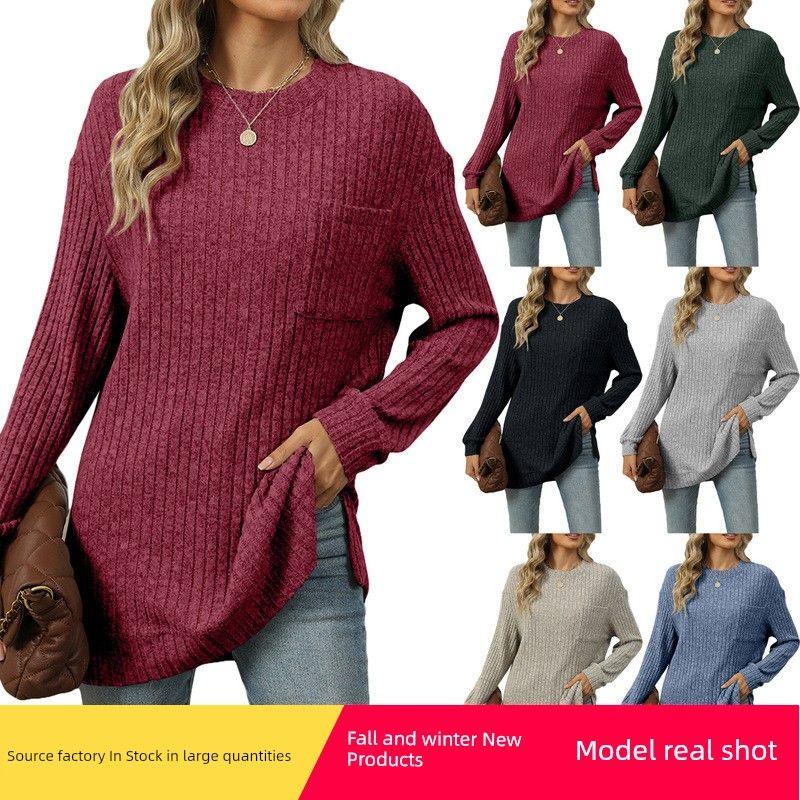 

2025 Pocket Hem Slit Loose T-shirt Solid Color Top Light gray S